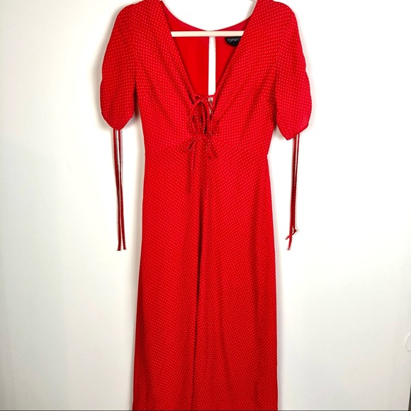 Topshop Red and White Polka Dot Short Sleeve Midi Dress Size 2 - Picture 6 of 16